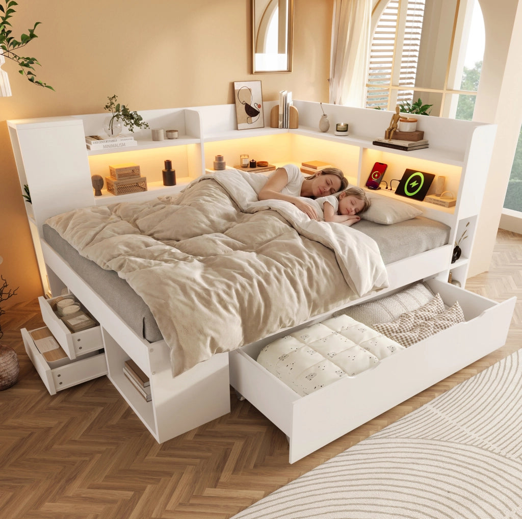 Letto a giorno 140x200 cm con LED; USB e Type-C; bianco; con ripiani e cassetti