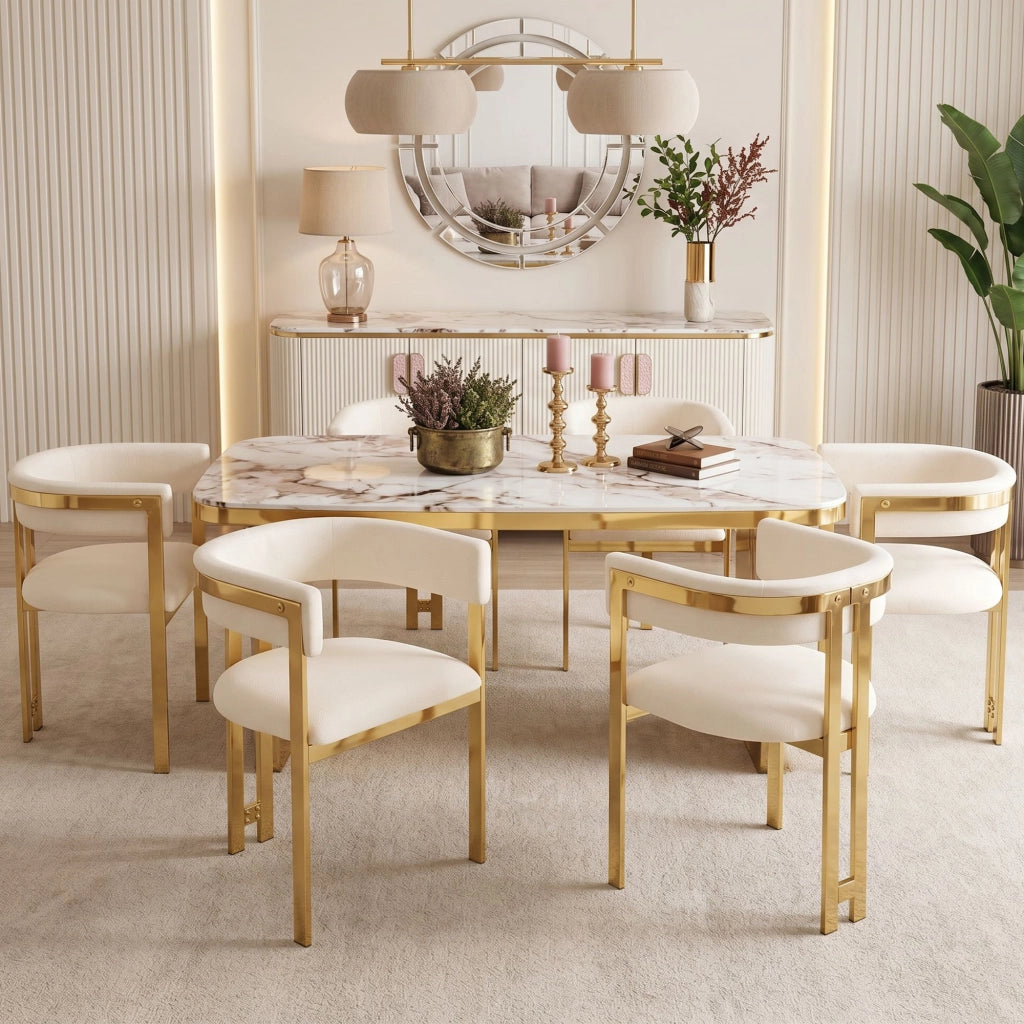 Sedia da Pranzo Set da 6 con Schienale Semicircolare e Struttura in Metallo, in Ciniglia Beige e Oro