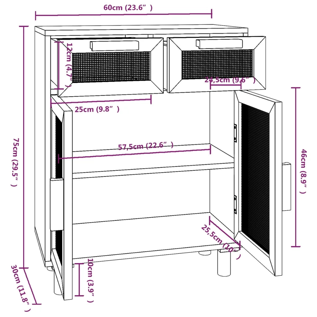 Credenza | Madia | Buffet da pranzo | Armadio da pranzo Bianca 60x30x75 cm Legno Massello Pino Rattan Naturale