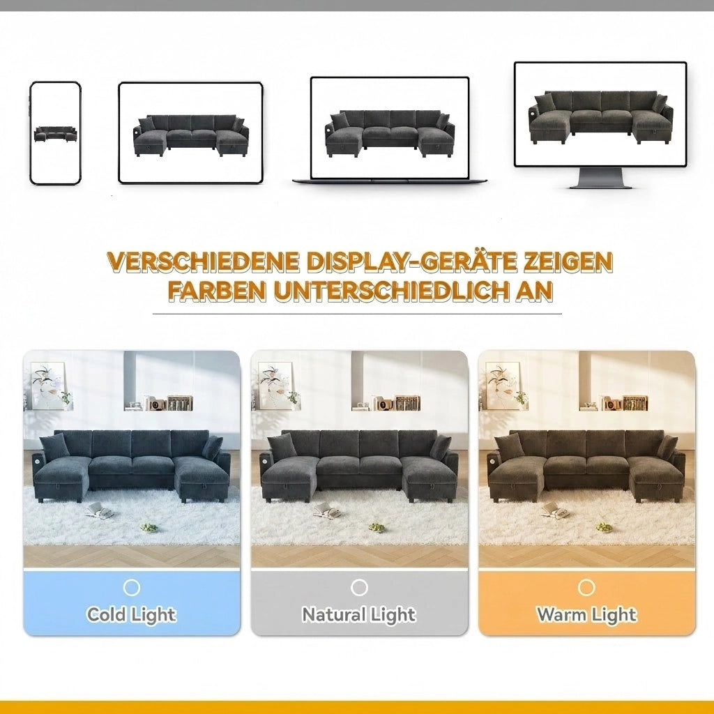 DIVANO U con chaise longue, 279x135x84 cm, Chenille Grigio, USB e Type-C