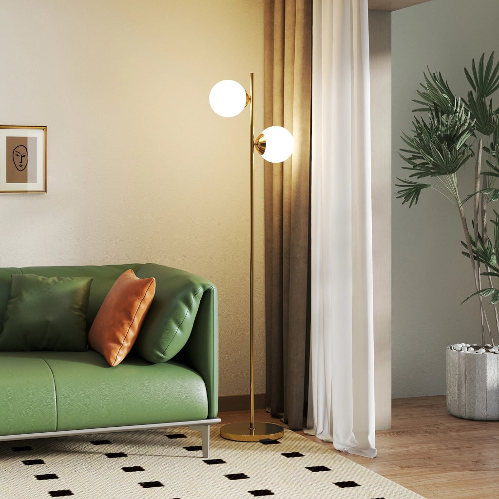 Lampada da Terra a 2 Luci con Paralumi a Sfera ¨C Minimal ¨C Oro ?28x165 cm