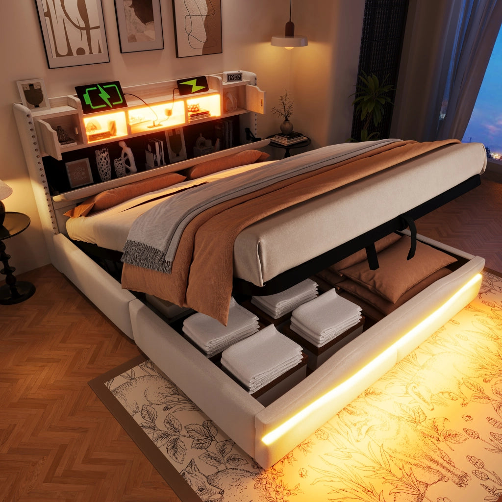 DESMIU Letto matrimoniale 160 × 200 cm con contenitore idraulico, LED, USB e Type-C, senza materasso, beige