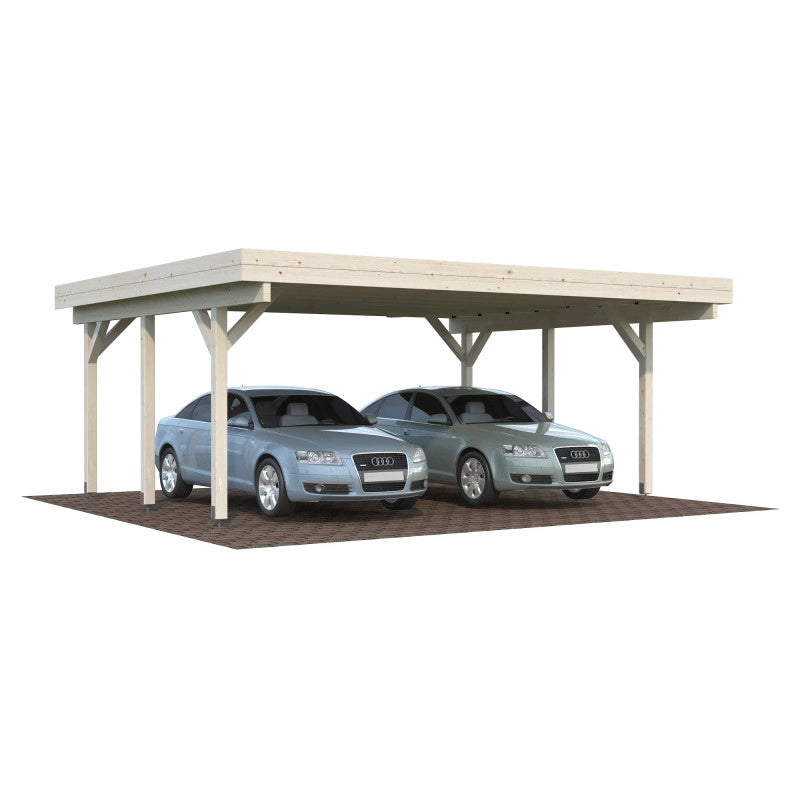 Carport doppio in legno lamellare 20,6 m² con tetto in perline 19 mm, struttura per 2 auto da esterno 600x512 cm - Esterni da Vivere