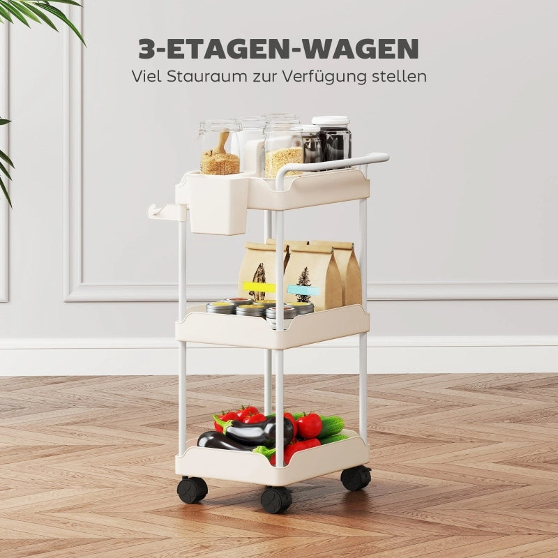 Carrello da cucina con 3 cestelli, portasciugamani e ruote, per cucina, bianco, 42 × 42,5 × 76 cm