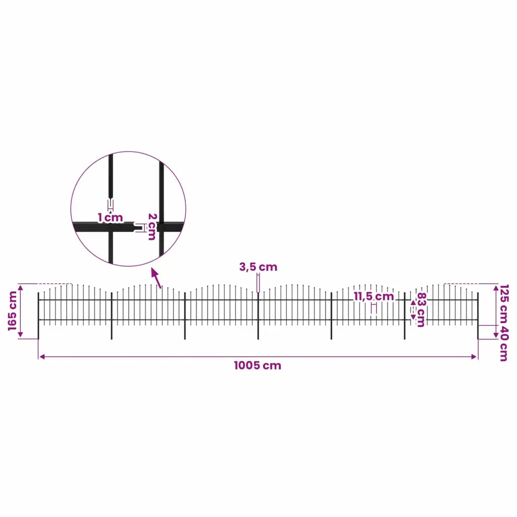 Recinzione da Giardino con Punta a Lancia in Acciaio 1005x125 cm Nero 277726