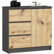 Cassettiera AKORD JERRY Cassettiera Grigia Grafite 80 cm 1 anta 3 cassetti inserto frontale Quercia Artisan 80x35x77 cm