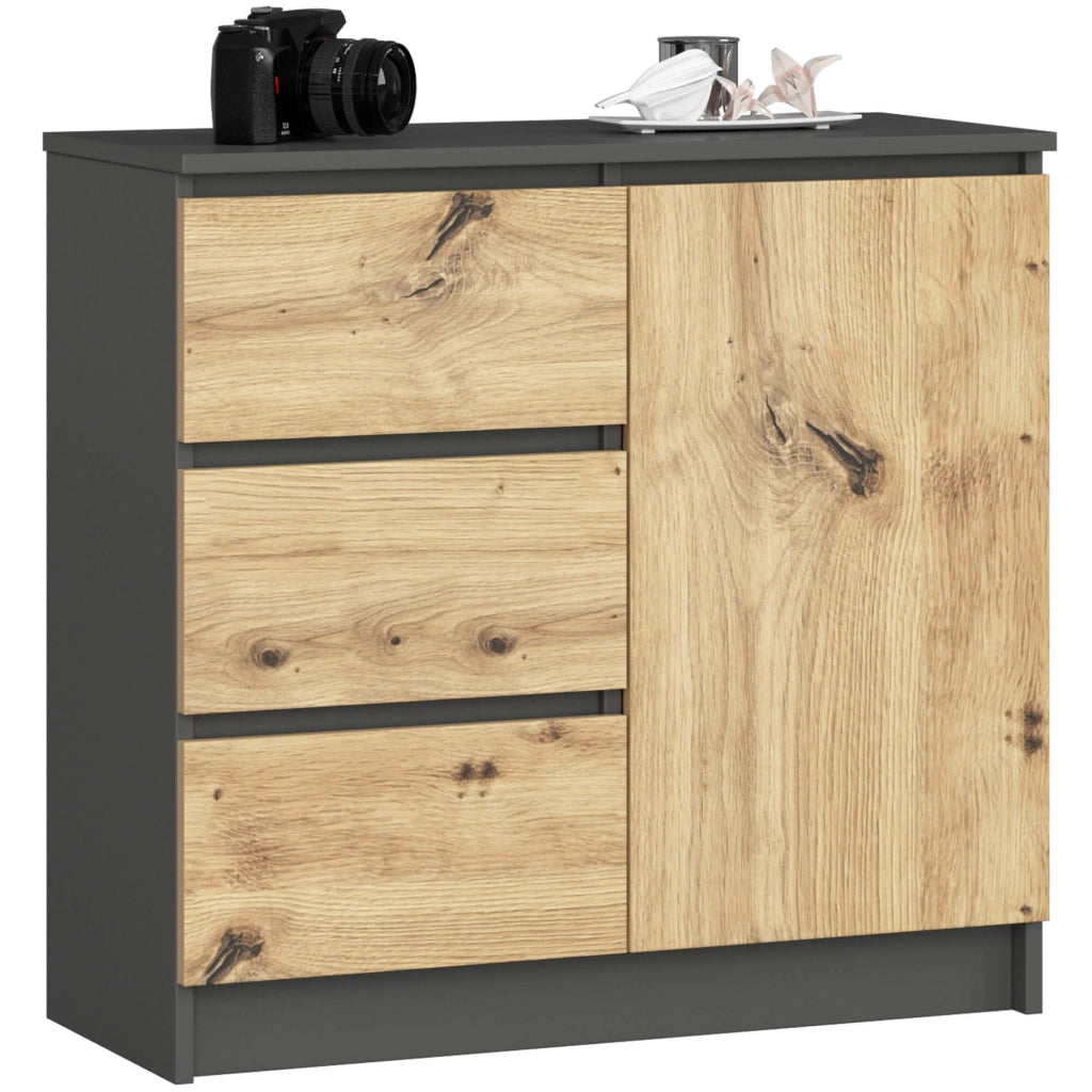 Cassettiera AKORD JERRY Cassettiera Grigia Grafite 80 cm 1 anta 3 cassetti inserto frontale Quercia Artisan 80x35x77 cm