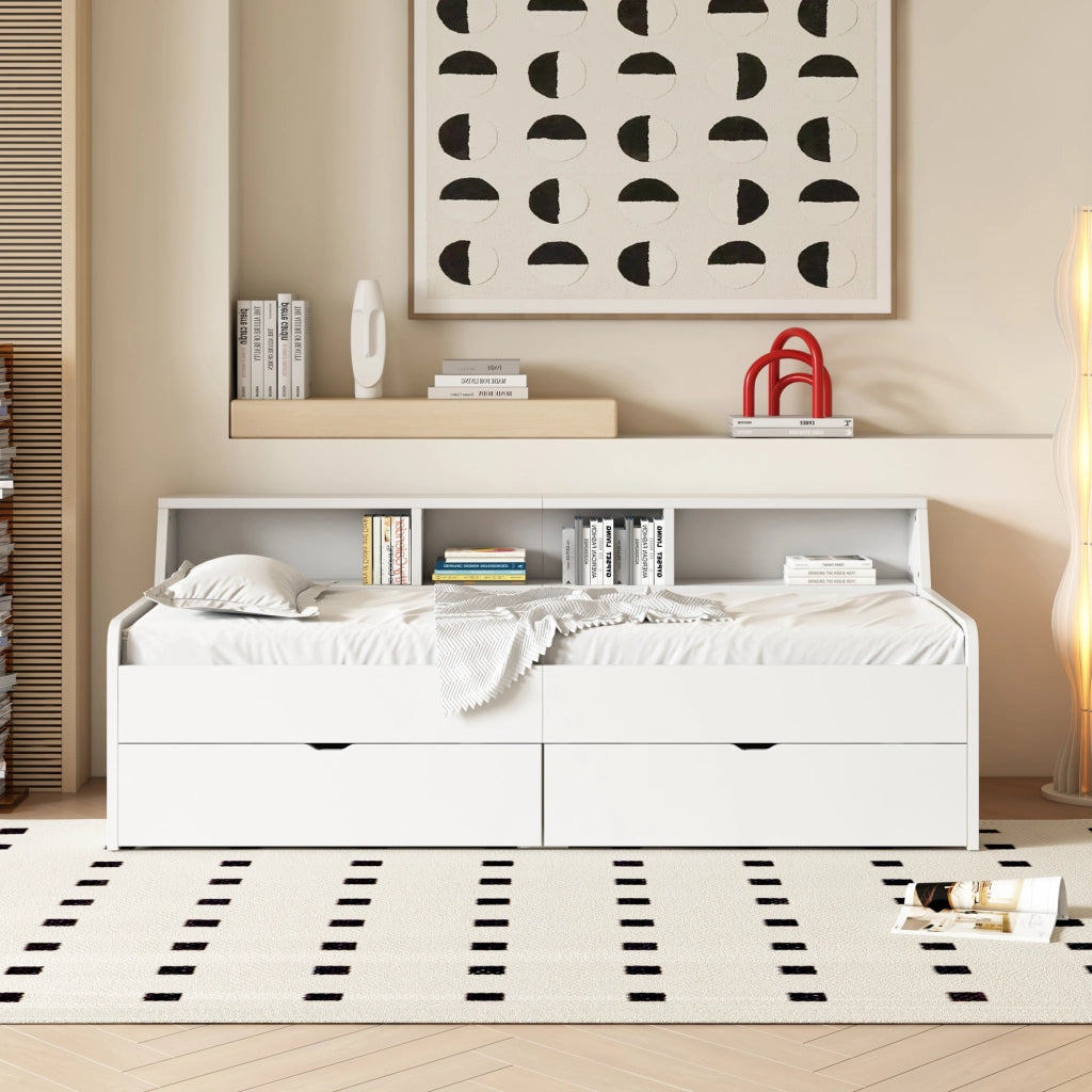 DESMIU Letto singolo 90 × 200 cm con 2 cassetti e 3 vani portaoggetti, senza materasso, in legno di pino e MDF, bianco