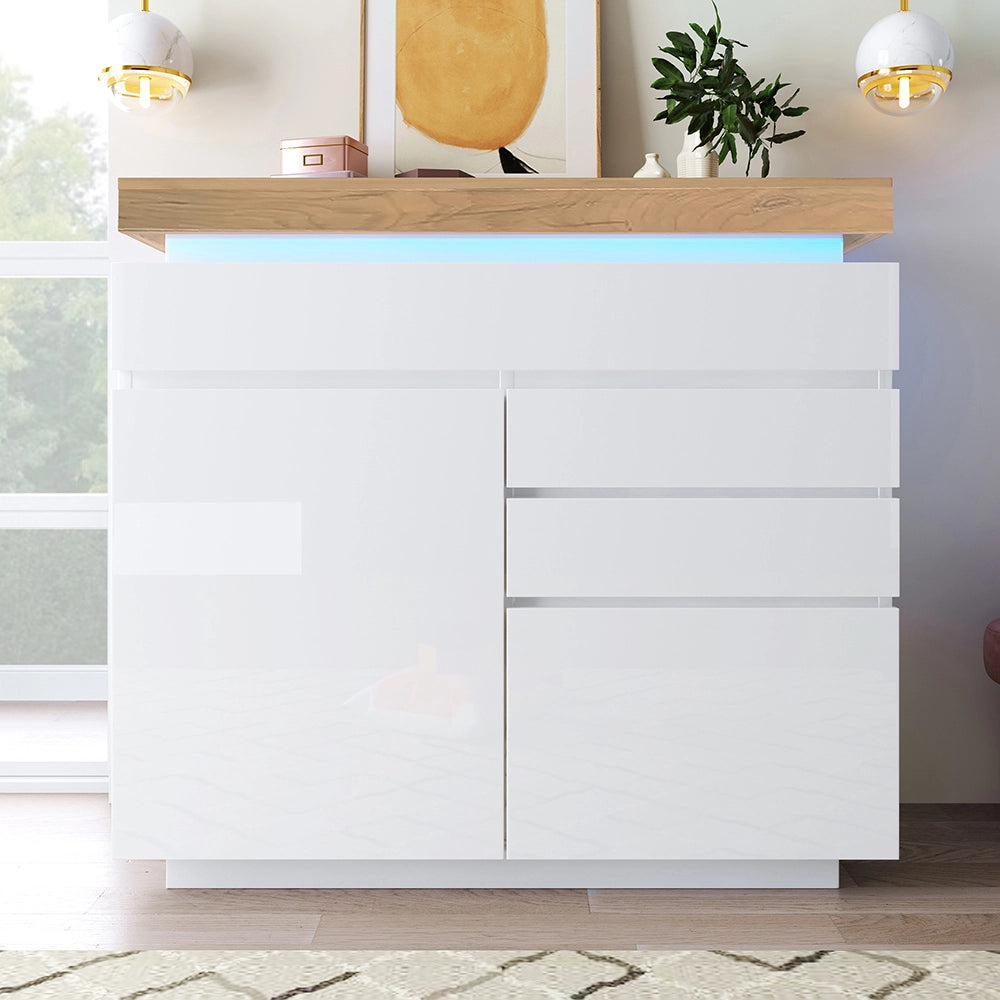 Buffet a specchio con 2 ante e 3 cassetti - Xylo - 115x110x39 cm - Bianco - Illuminazione LED (controllo app)