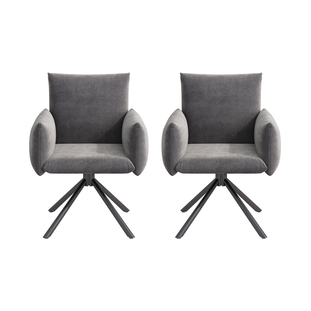 Set di 2 sedie da pranzo girevoli con braccioli; schienale ergonomico e base in metallo in velluto grigio