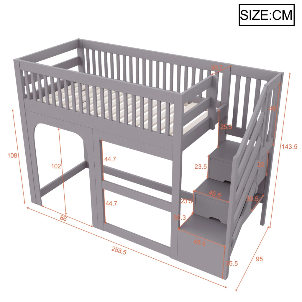 Letto a soppalco per bambini 90x200 cm con design a casetta; scala contenitore; spazio aperto sottoletto e LED; grigio