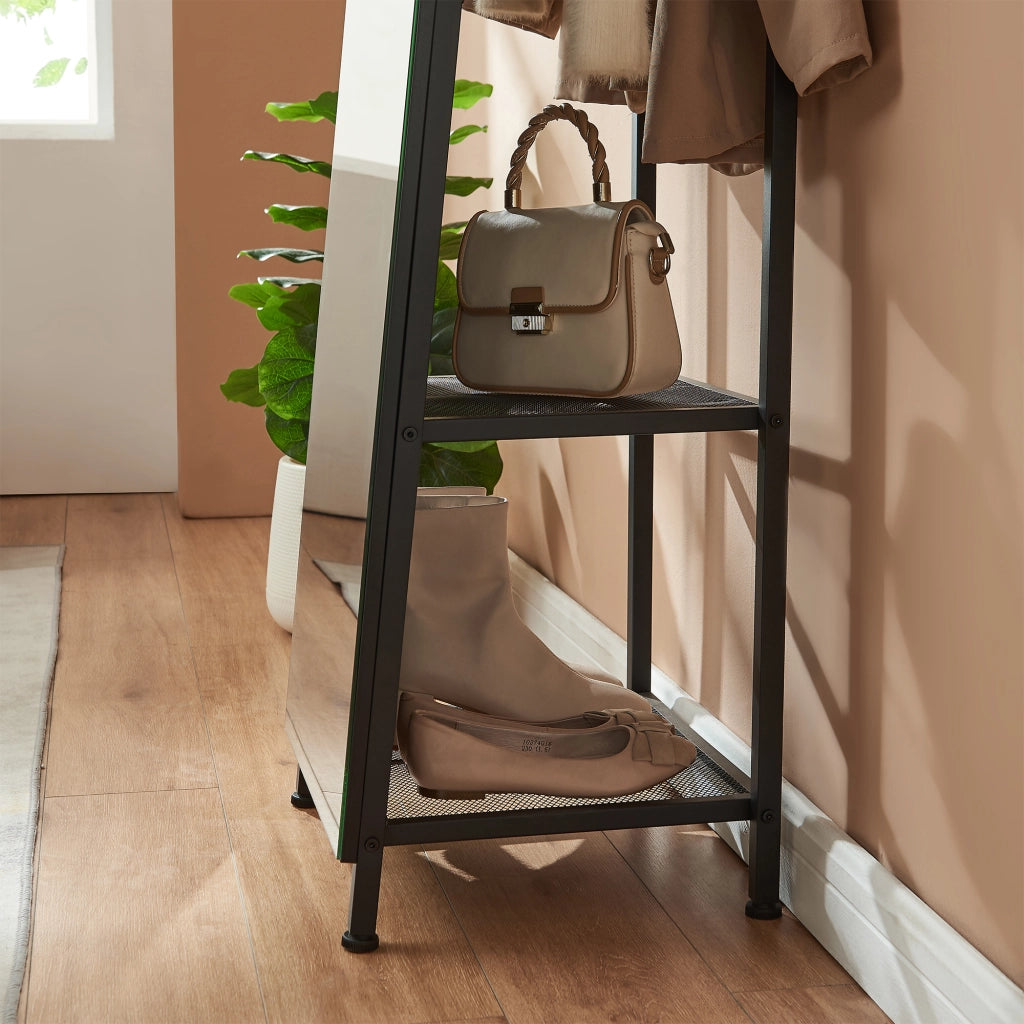 Specchio da Terra Frenraby con Appendiabiti e Ripiani 165 x 40 x 35 cm - Nero [en.casa]