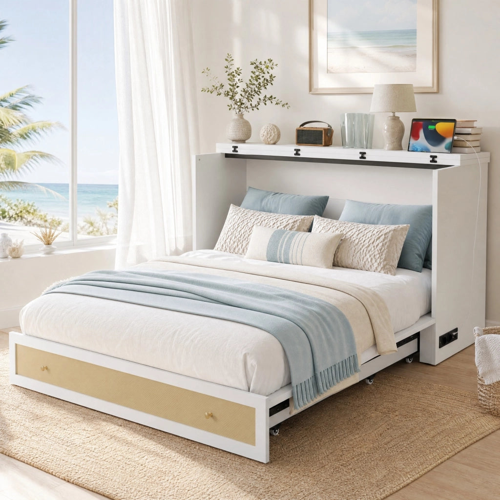 LETTO Convertibile 140x200 cm MDF Bianco con USB e presa