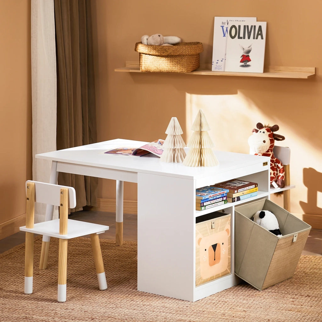 SoBuy Tavolo per bambini con 2 sgabelli Set mobili per bambini Tavolo con spazio di archiviazione Bianco 90x60x53cm KMB113-W