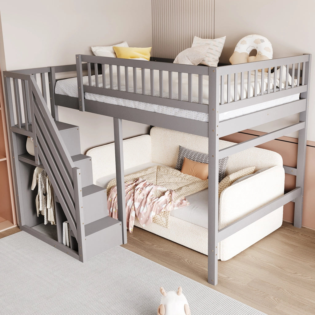 Letto a soppalco in legno massello con scala contenitore e recinzione alta; grigio; 140x200 cm; senza materasso
