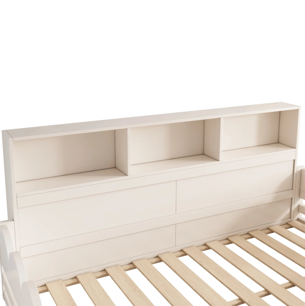 Letto a pavimento per bambini 140x190 cm bianco con barriera, porta e scaffale