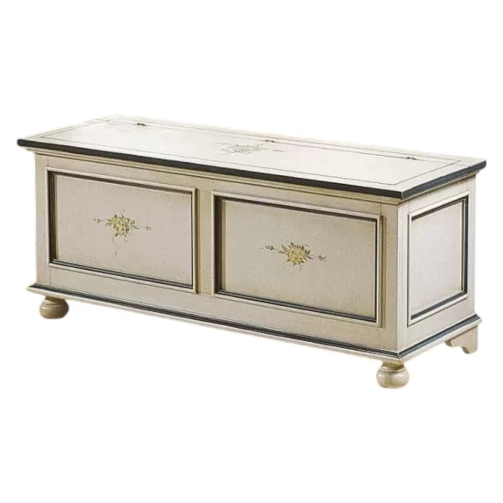 Cassapanca in legno bianco con profilo azzurro l.120 x p.44 h.51 (1350) - Mobili 2G
