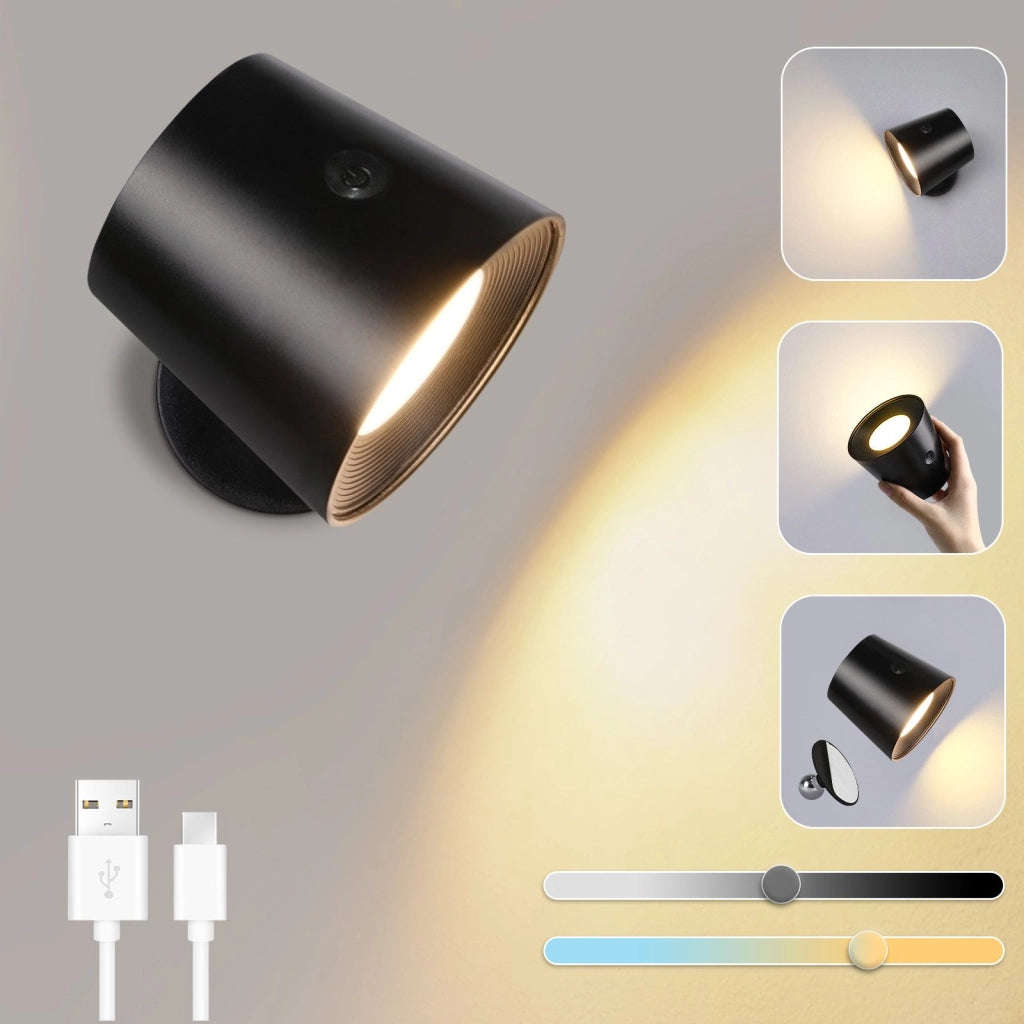 ZMH Applique da parete a LED nera per soggiorno batteria rotazione a 360° controllo touch 3 livelli di luminosità