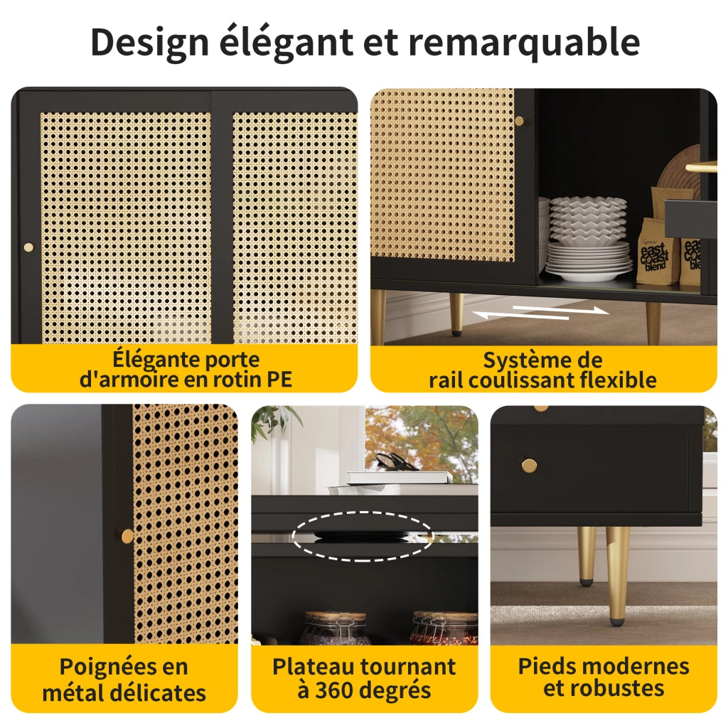 Mobile Bar con 1 Anta in Rattan; 1 Cassetto; Piano Girevole a 360° Estensibile; in MDF; 107 x 40 x 71.4 cm; Nero