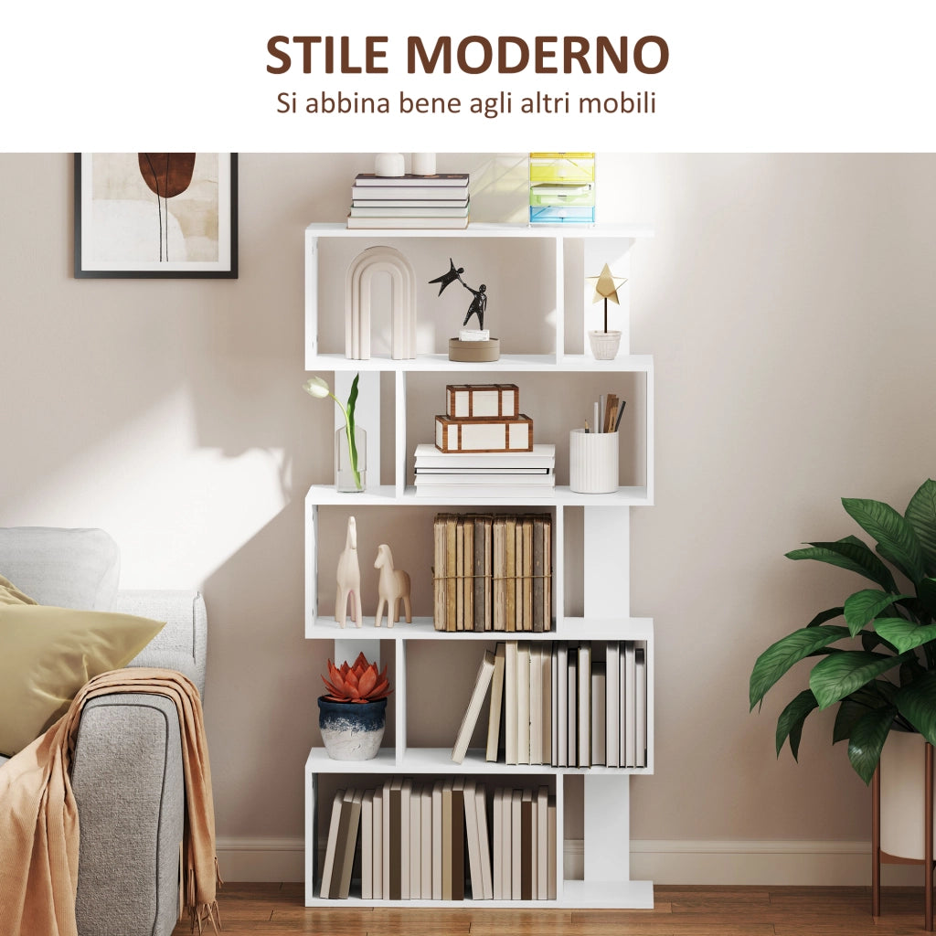 Libreria Asimmetrica a S a 5 Livelli con 10 Ripiani Aperti, in Legno, 80x24x159 cm, Bianco
