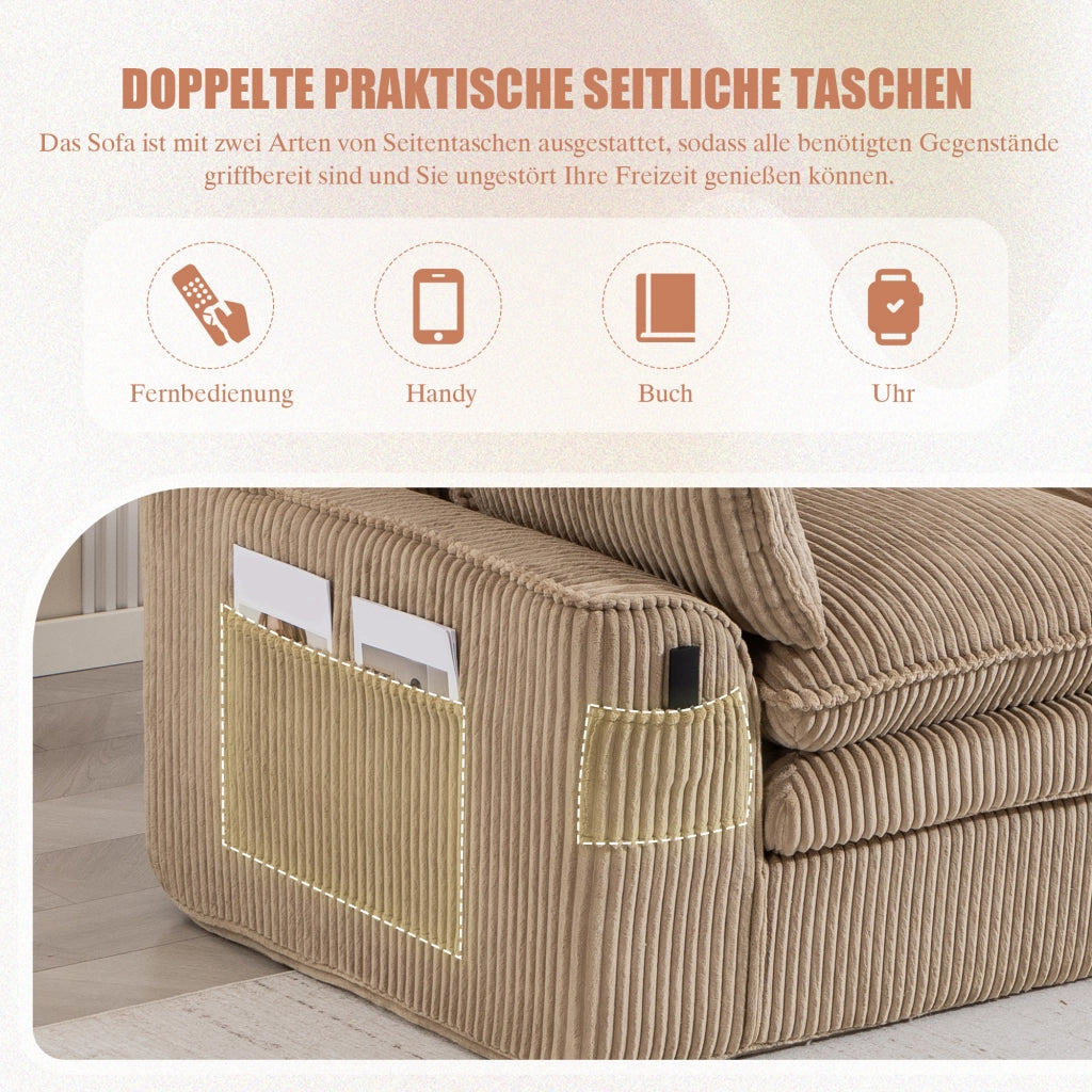 Divano Modulare 4 Posti con 2 Pouf ¨C MINIMAL ¨C Tessuto a Coste, Cuscini, Khaki