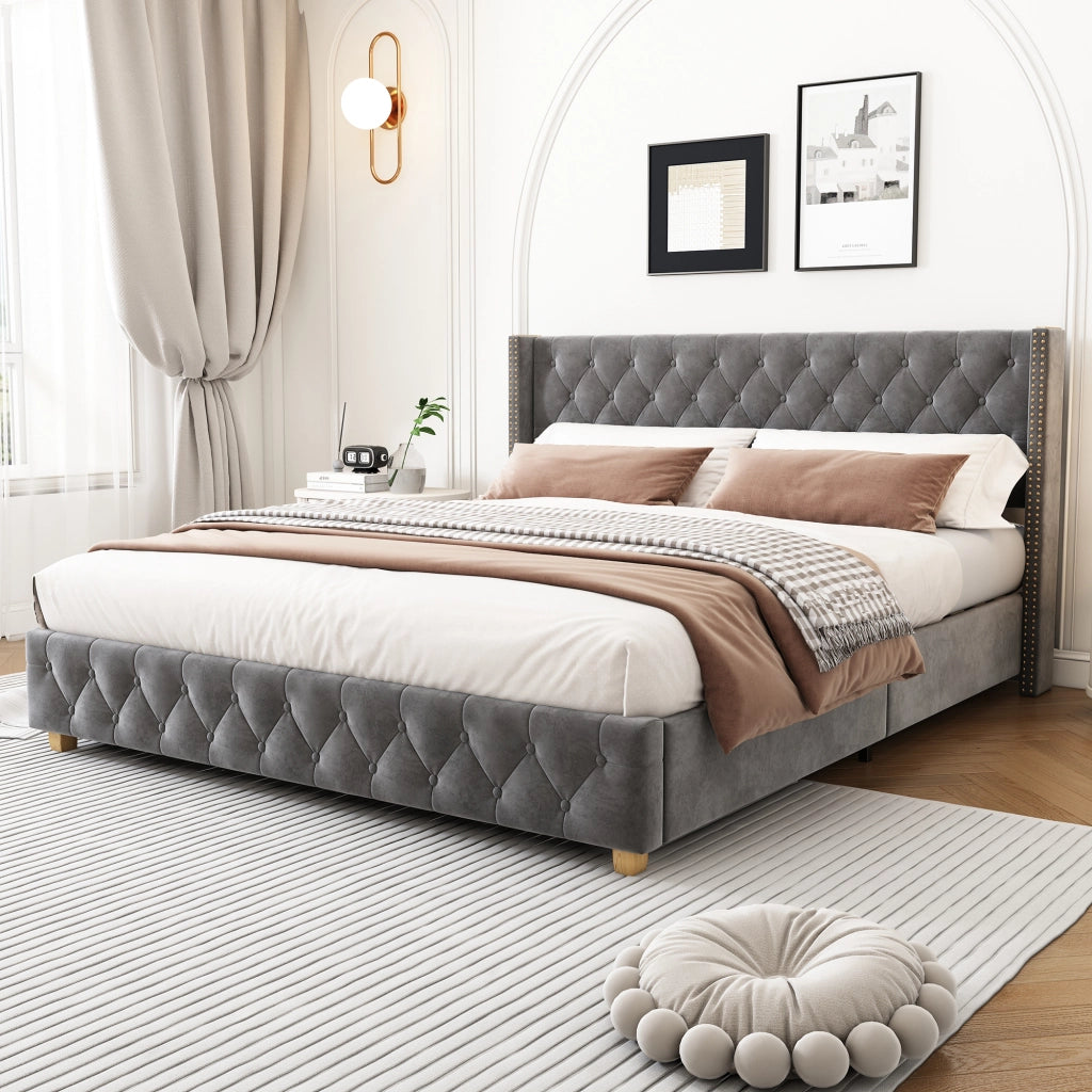 OKWISH Letto Imbottito 160×200 cm, Letto Matrimoniale con Testiera Trapuntata, Borchie Decorative e Piedi in Legno, senza Materasso, Grigio