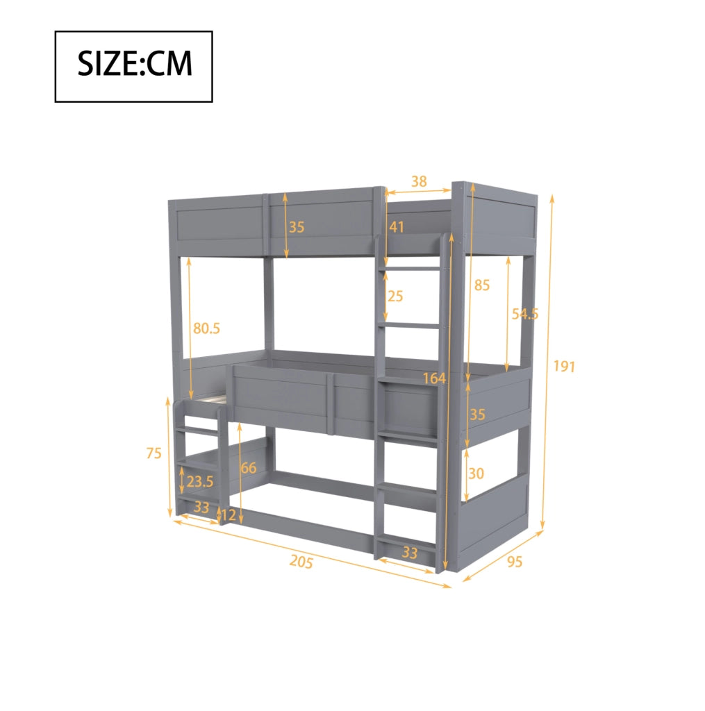Letto triplo a castello modulare 90x200 cm con sponda alta; grigio