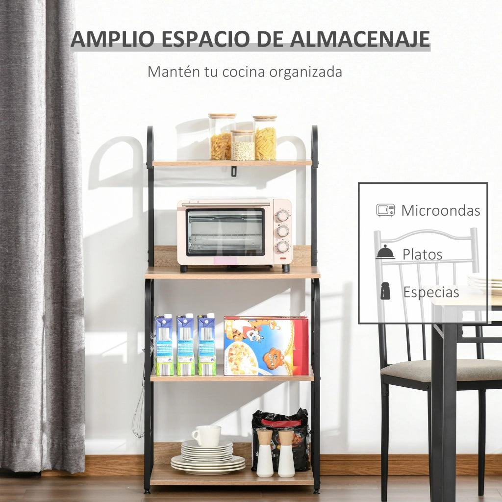 Scaffale da Cucina 4 Ripiani con Ganchos ¨C Xylo ¨C Legno Naturale 60x40x125 cm