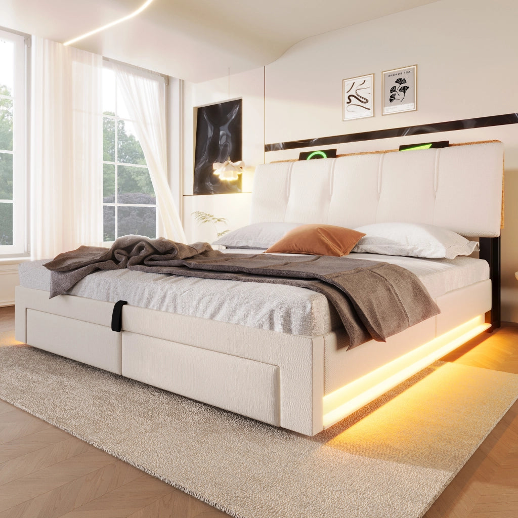 LETTO Contenitore 140x200 cm in lino beige con USB, Type-C e LED