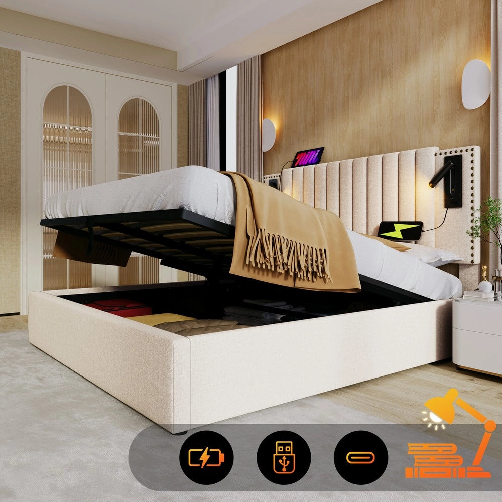 Letto Imbottito Contenitore 160x200 con Materasso ¨C Xylo ¨C Beige, Testiera LED USB, Similpelle