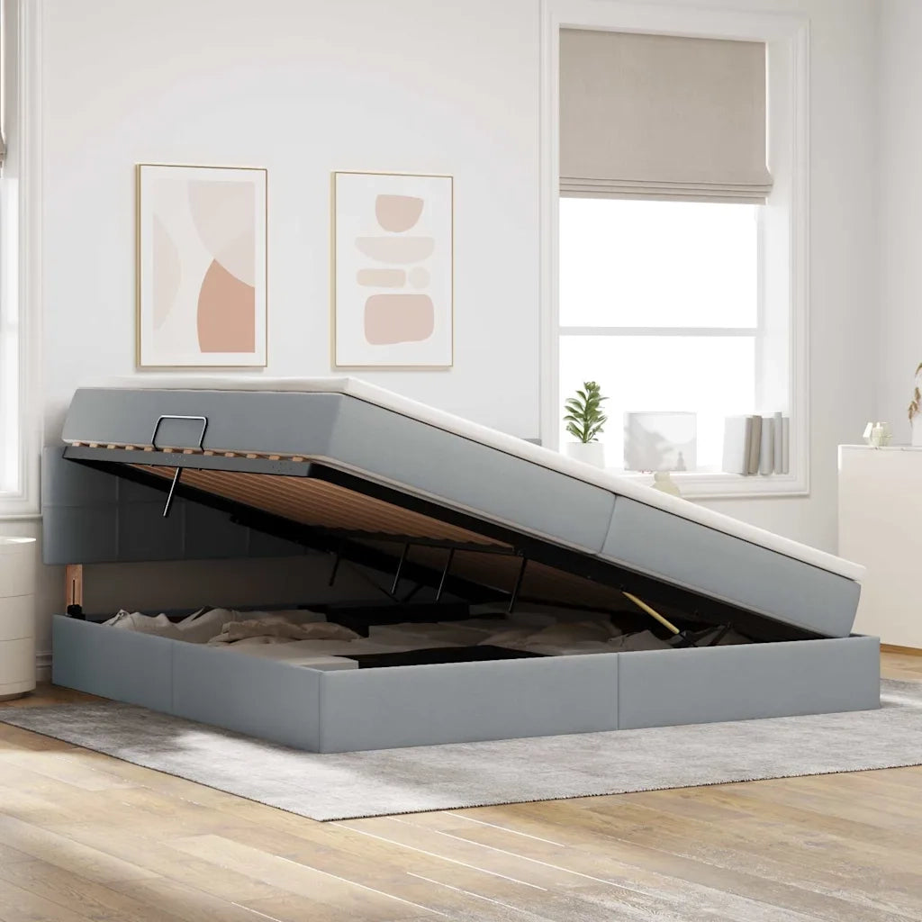 Letto con contenitore e LED Grigio chiaro 200 x 200 cm Tessuto