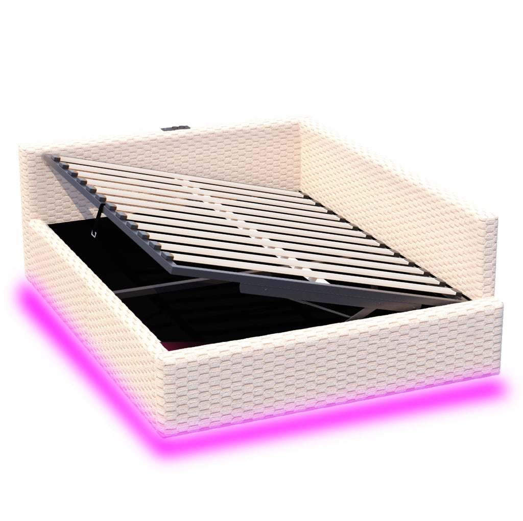Letto imbottito 140x200 cm con contenitore, LED e porte USB/Type-C