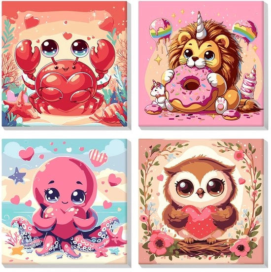 Set di pennelli per dipinti animali - 4 pezzi - set di tela - per adulti e principianti - 20 x 20 cm - decorazione da appendere - kit di pittura