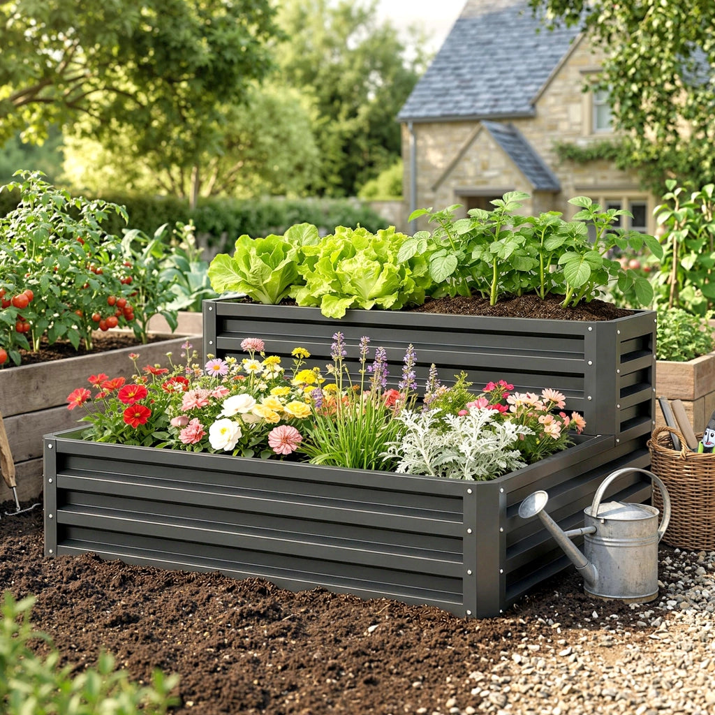 Fioriera rialzata da giardino 2 piani per erbe verdure fiori ¨C Xylo ¨C Grigio scuro 120x101x58 cm