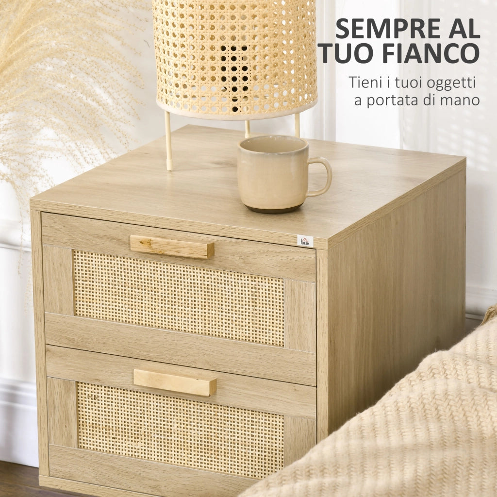 Set 2 Comodini per Camera da Letto Stile Boho con 2 Cassetti. 40x40x56cm. Legno Naturale