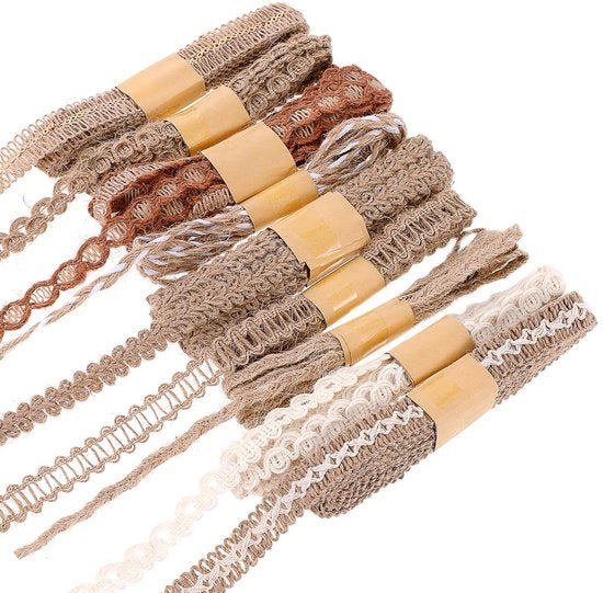 Nastro di Juta 9 Rolli - Materiale Naturale - Juta Vintage - Tela di Cotone con Borde - 2 Metri per Rolla - Stile Rustico