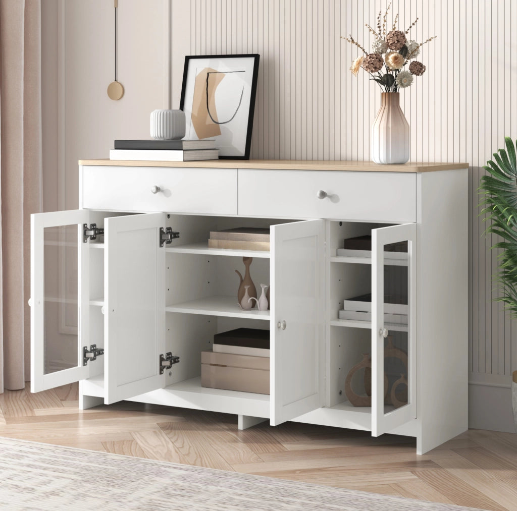 Credenza sideboard rustica 120 cm in MDF bianco e effetto legno; 2 cassetti e 4 ante