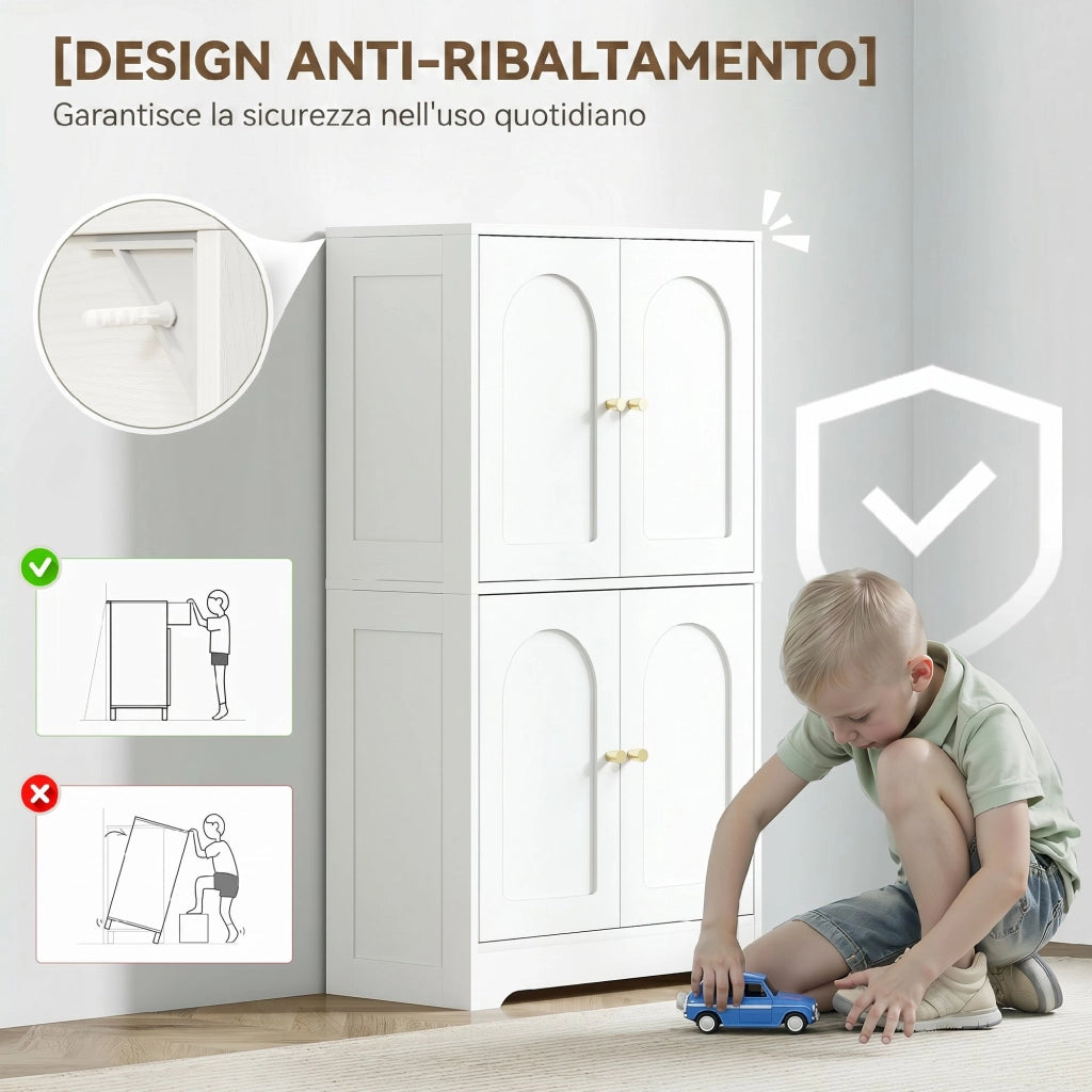 Credenza da Cucina 60x30x110 cm con 2 Armadietti 4 Ante 2 Ripiani Regolabili in Legno Bianco