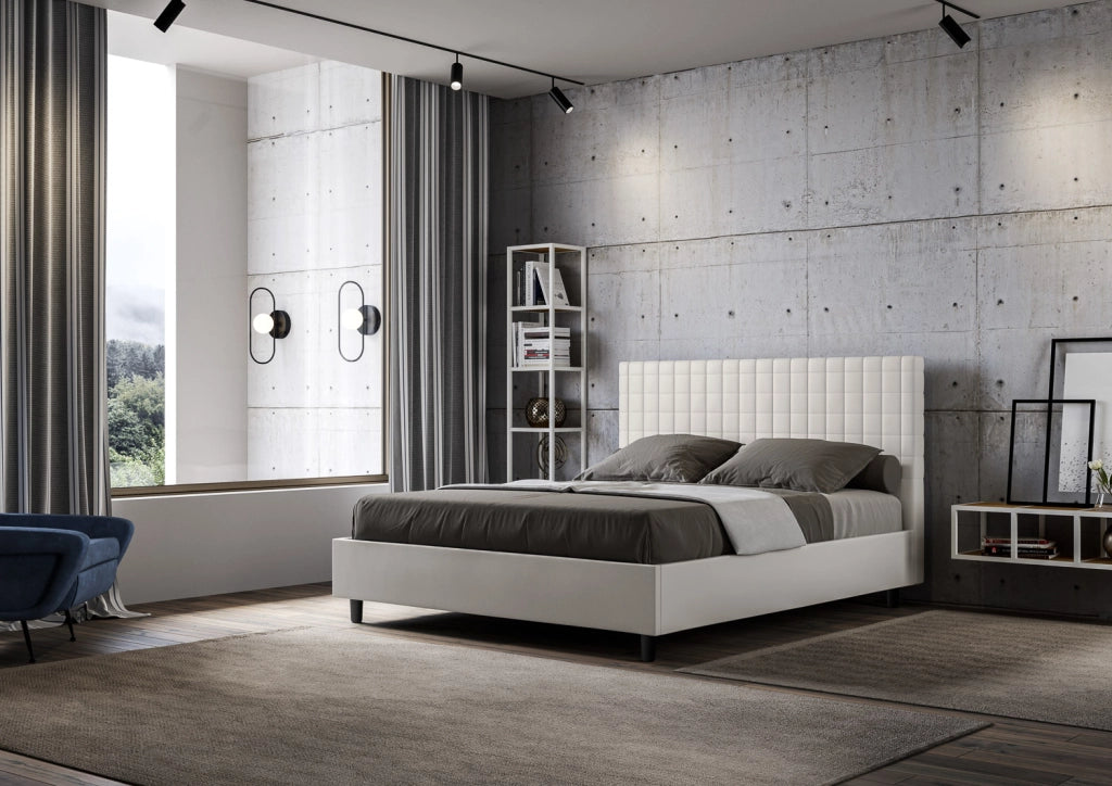 BS COM Letto queen size con rete imbottito 150x190 similpelle bianco