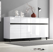 Credenza moderna bianca lucida 160x40x68 cm in truciolare; con 4 cassetti e ripiani regolabili