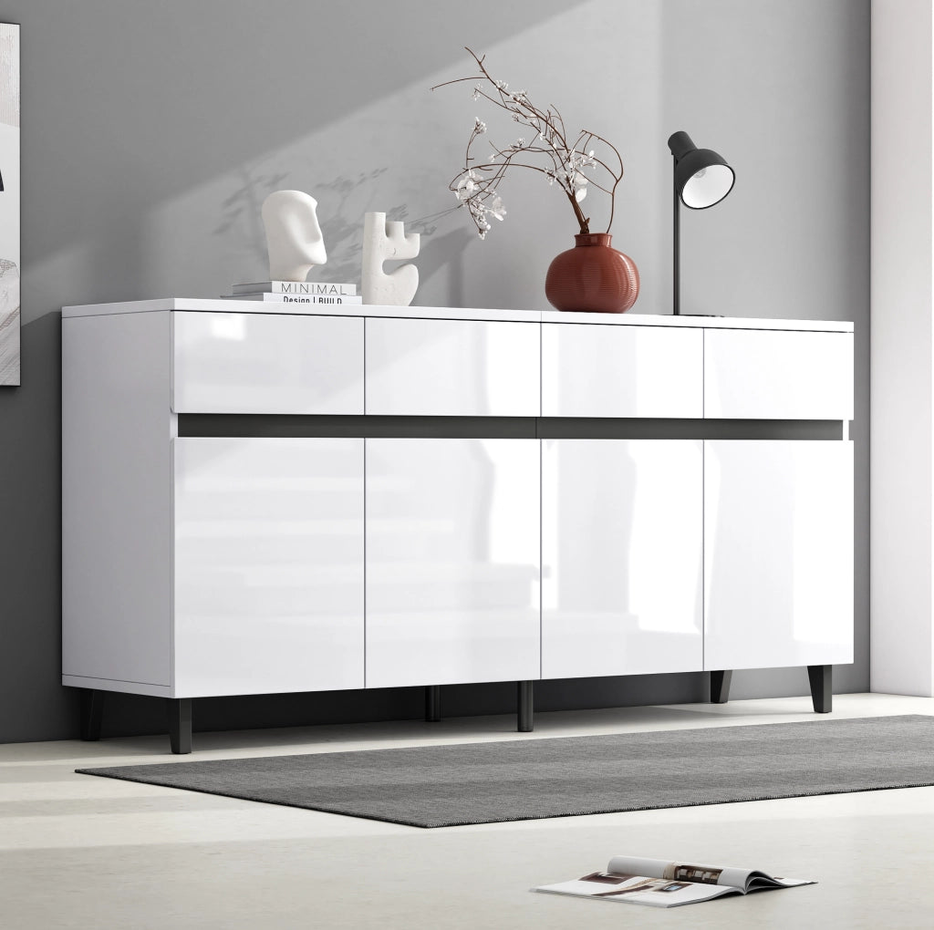Credenza moderna bianca lucida 160x40x68 cm in truciolare; con 4 cassetti e ripiani regolabili