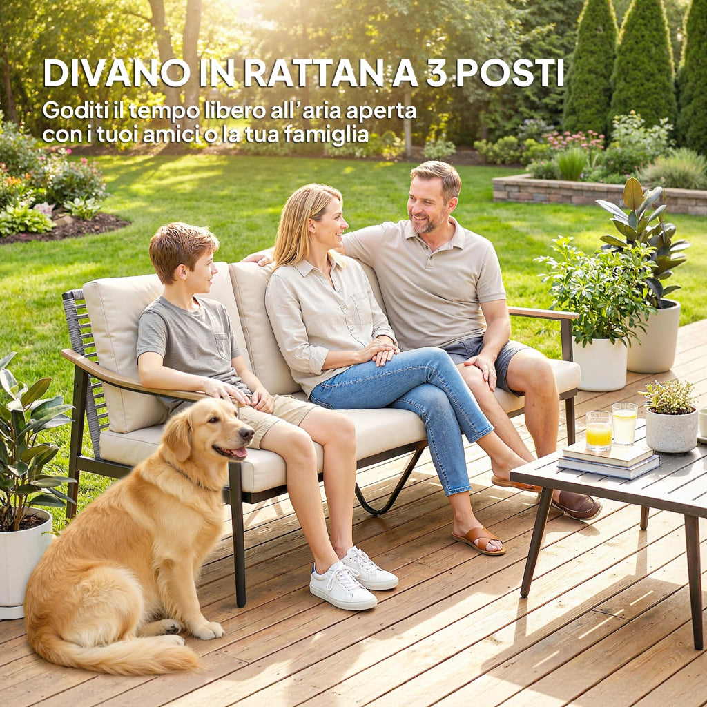 Divano da Esterno 3 Posti in Rattan con Braccioli Legno ¨C Minimal ¨C Grigio