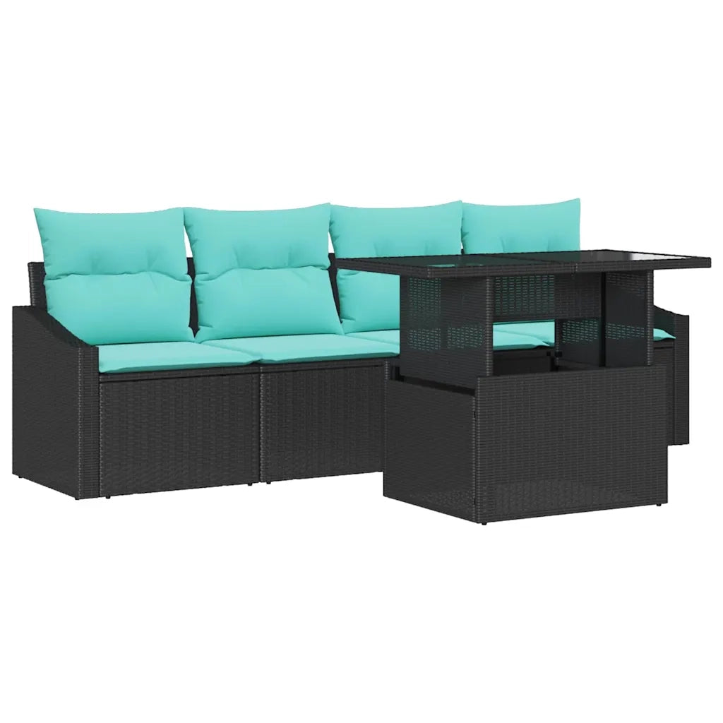 Set Divano da Giardino con cuscino 5 pcs Nero e Blu Poly Rattan 3348912