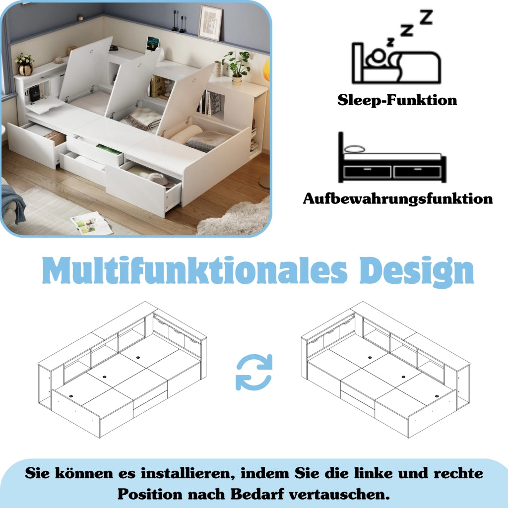 OKWISH Letto Bambino 90×200 cm, Letto Singolo con 4 Cassetti, Libreria e Armadietti Contenitore, senza Materasso, in MDF, Bianco