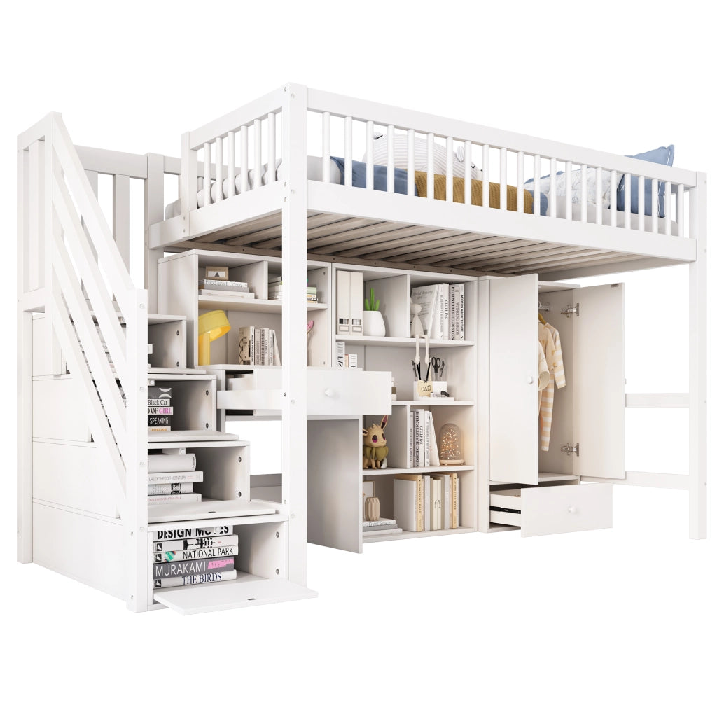Letto a Soppalco Singolo 90x200 cm con Scrivania; Scale e Armadio in Legno Bianco