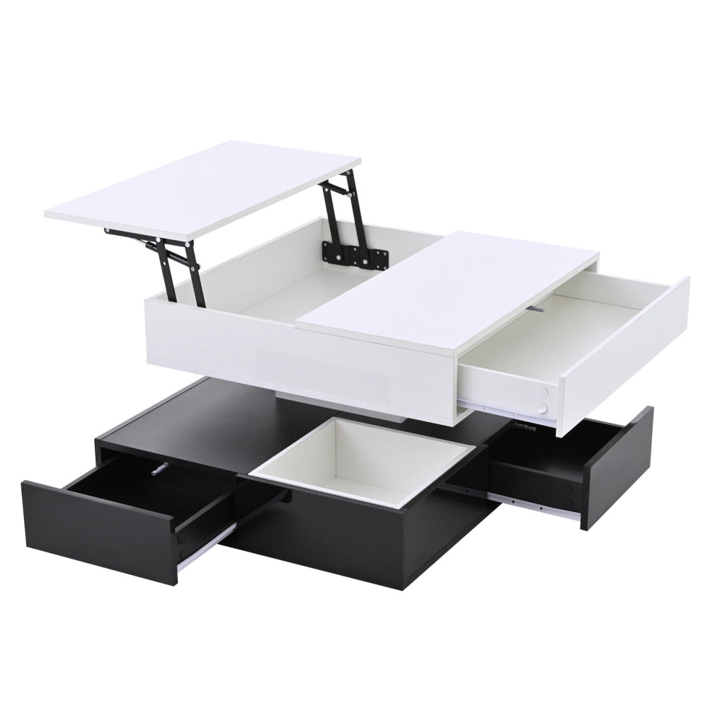 Tavolino da salotto quadrato sollevabile con piano girevole 360°; 70x70x40/55 cm; bianco nero