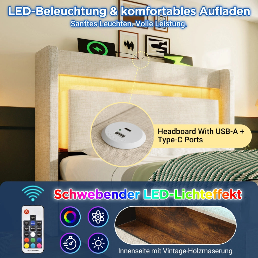 LETTO Contenitore 90x200 cm Beige in Lino con USB, USB-C e LED