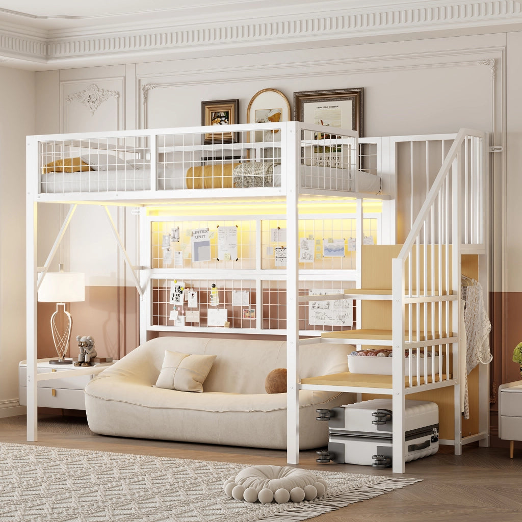 Letto a castello funzione letto con scala e spazio contenitivo in metallo bianco 90x200 cm