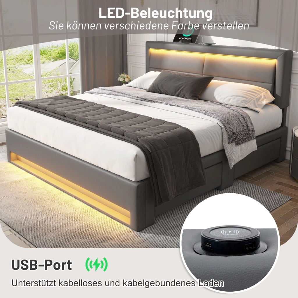 LETTO imbottito 140x190 cm in PU grigio con USB, LED e 4 cassetti