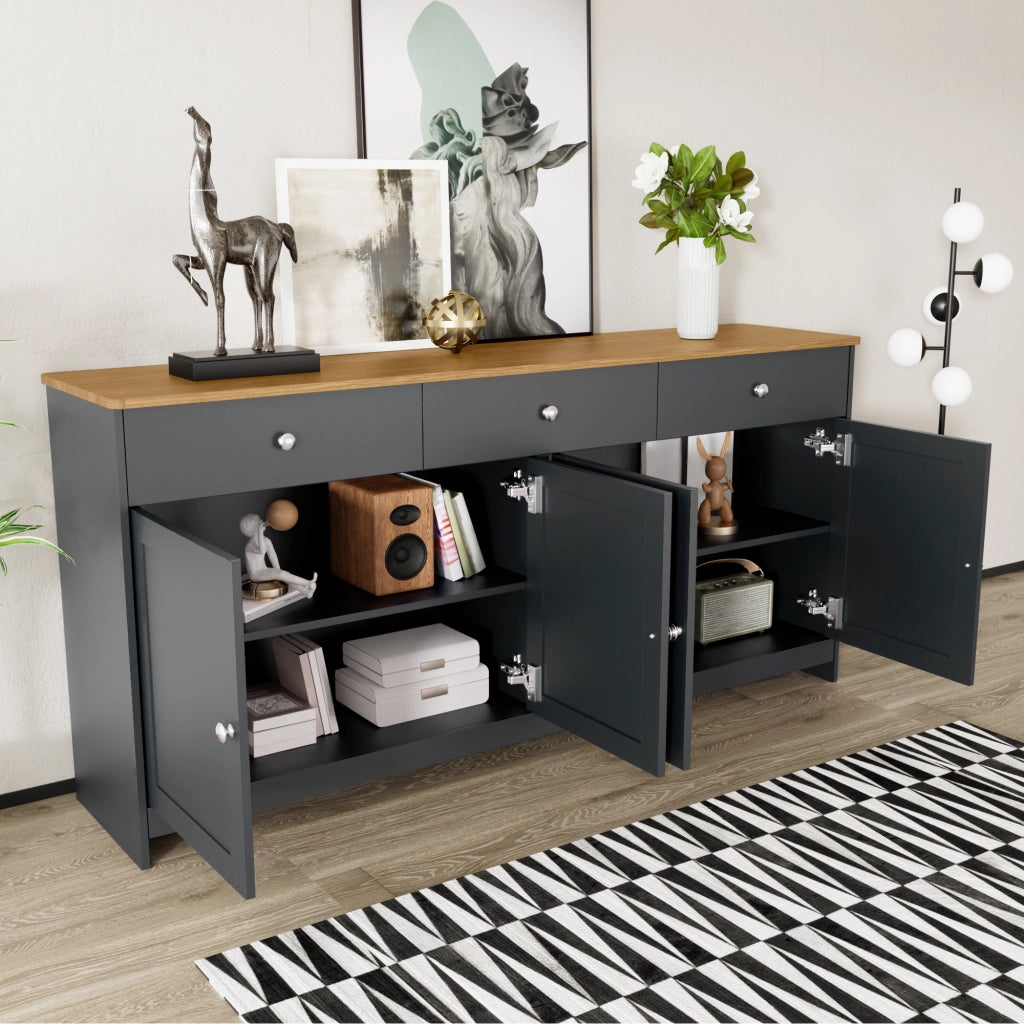 SIDEBOARD 160 cm in MDF Nero/Grigio con 3 cassetti e 4 ante